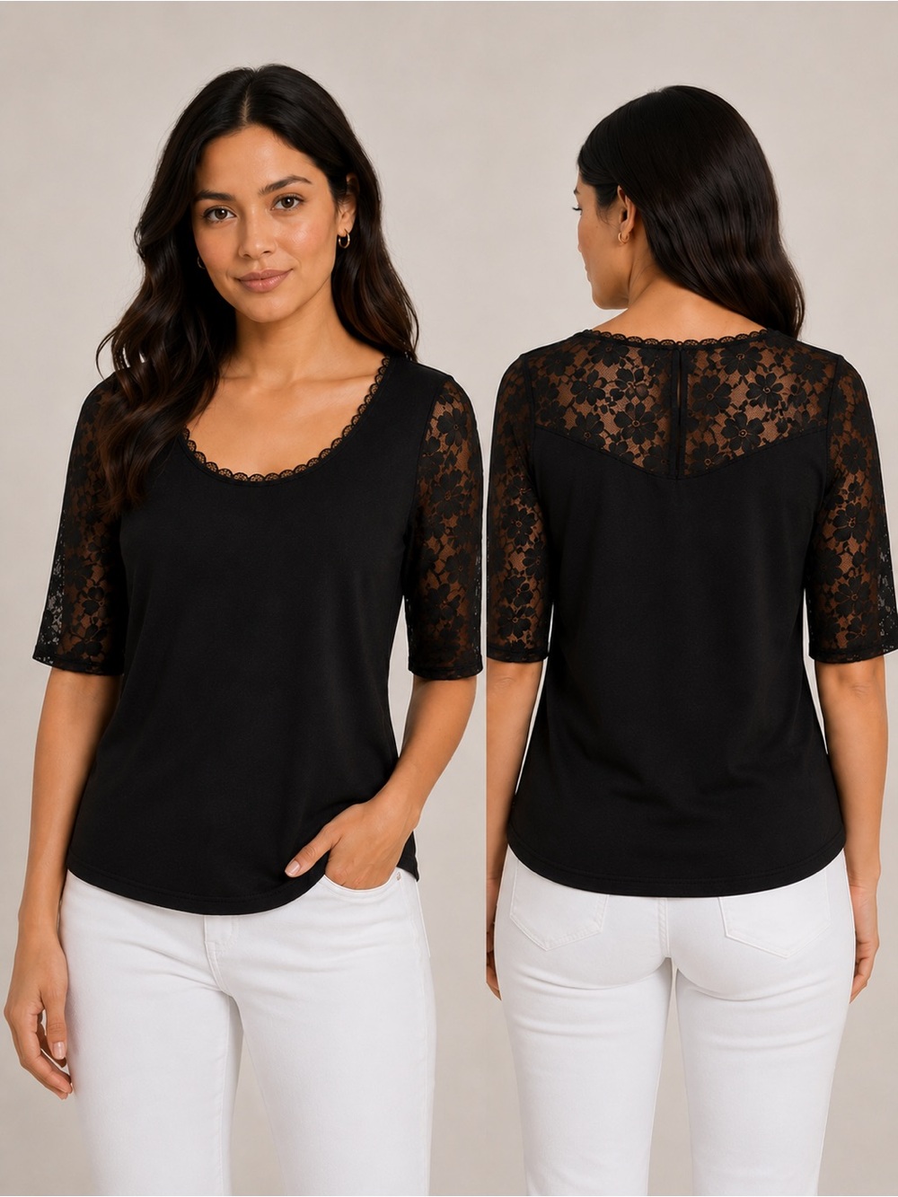 Mr Max - Black Lace Sleeve/ Yoke Short Sleeve Top -SzXS